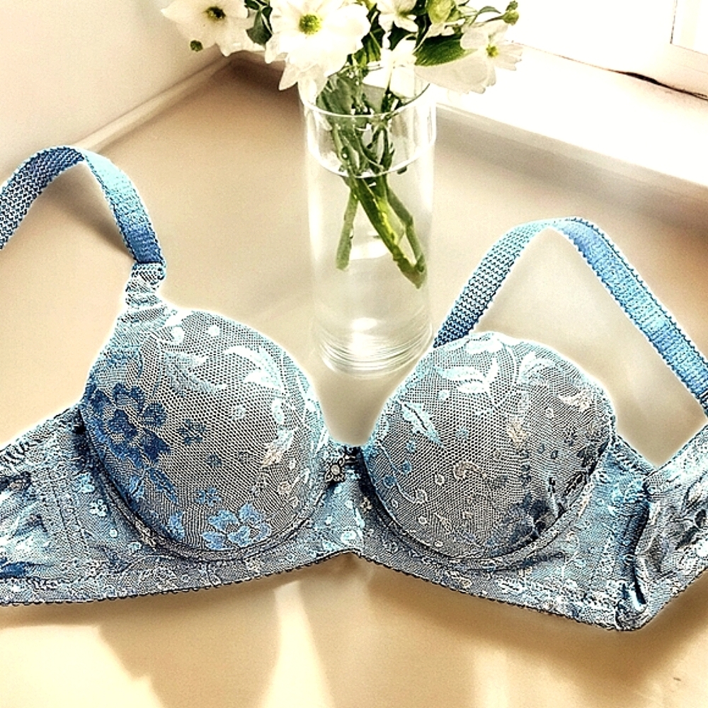 Gorgeous Aqua Blue-Green Bra with  Shimmering, Lacey Details